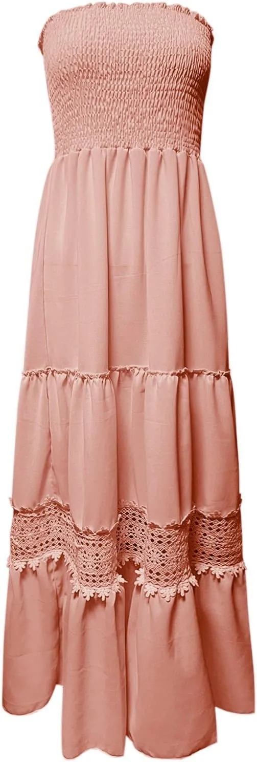 Women's Maxi Dress 2025 Summer Off Shoulder Smocked Tiered Ruffle Long Flowy Dresses Casual Beach Sundress