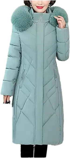 Women's Mid-Length Cotton-Padded Winter Coat with Hood and Pockets