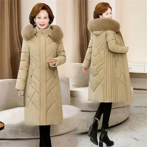 Women's Mid-Length Cotton-Padded Winter Coat with Hood and Pockets