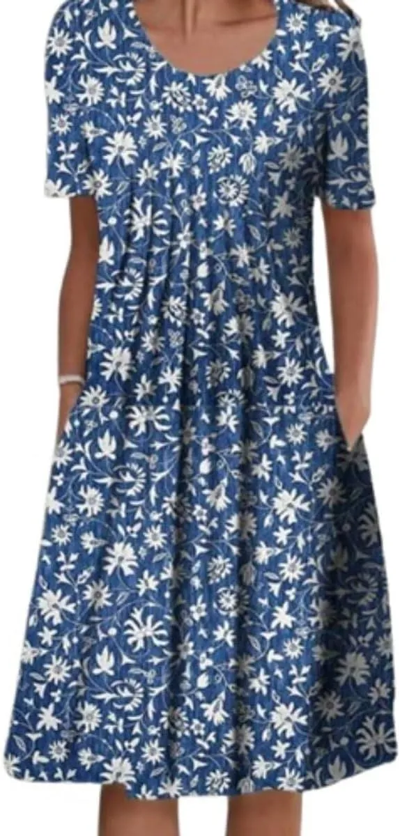 Womens Midi Dress Boho Crewneck 2025 Loose Fit Trendy Pleated Shirt Dress Vintage Floral Vestidos