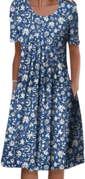 Womens Midi Dress Boho Crewneck 2025 Loose Fit Trendy Pleated Shirt Dress Vintage Floral Vestidos