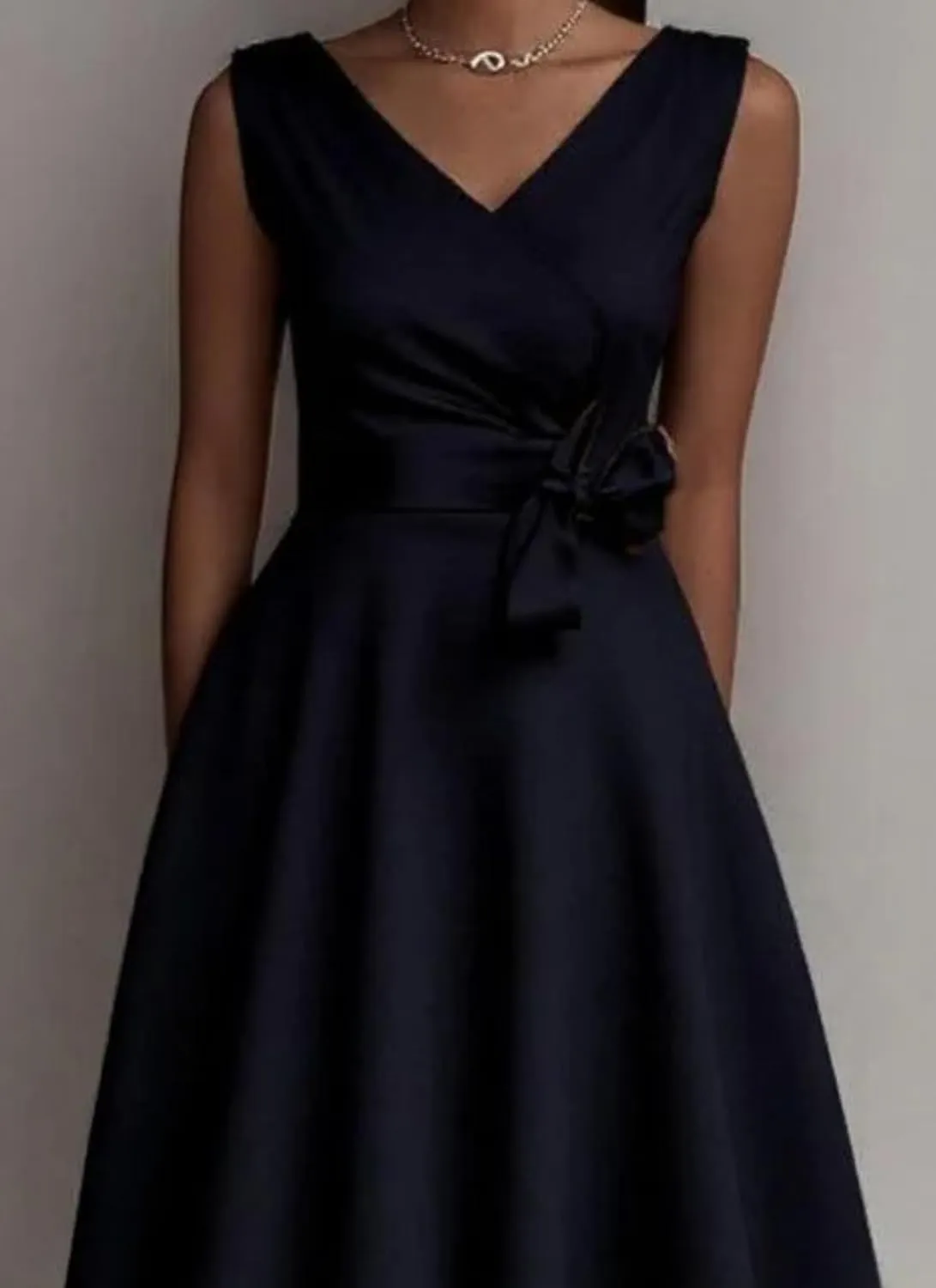 Womens Midi Dress Sleeveless V-Neck Black Solid Color Bow Side Pocket Elegant Flared Spring Autumn Party Cocktail Dress