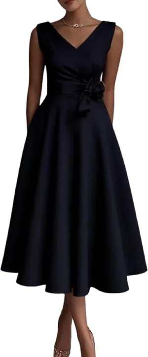 Womens Midi Dress Sleeveless V-Neck Black Solid Color Bow Side Pocket Elegant Flared Spring Autumn Party Cocktail Dress
