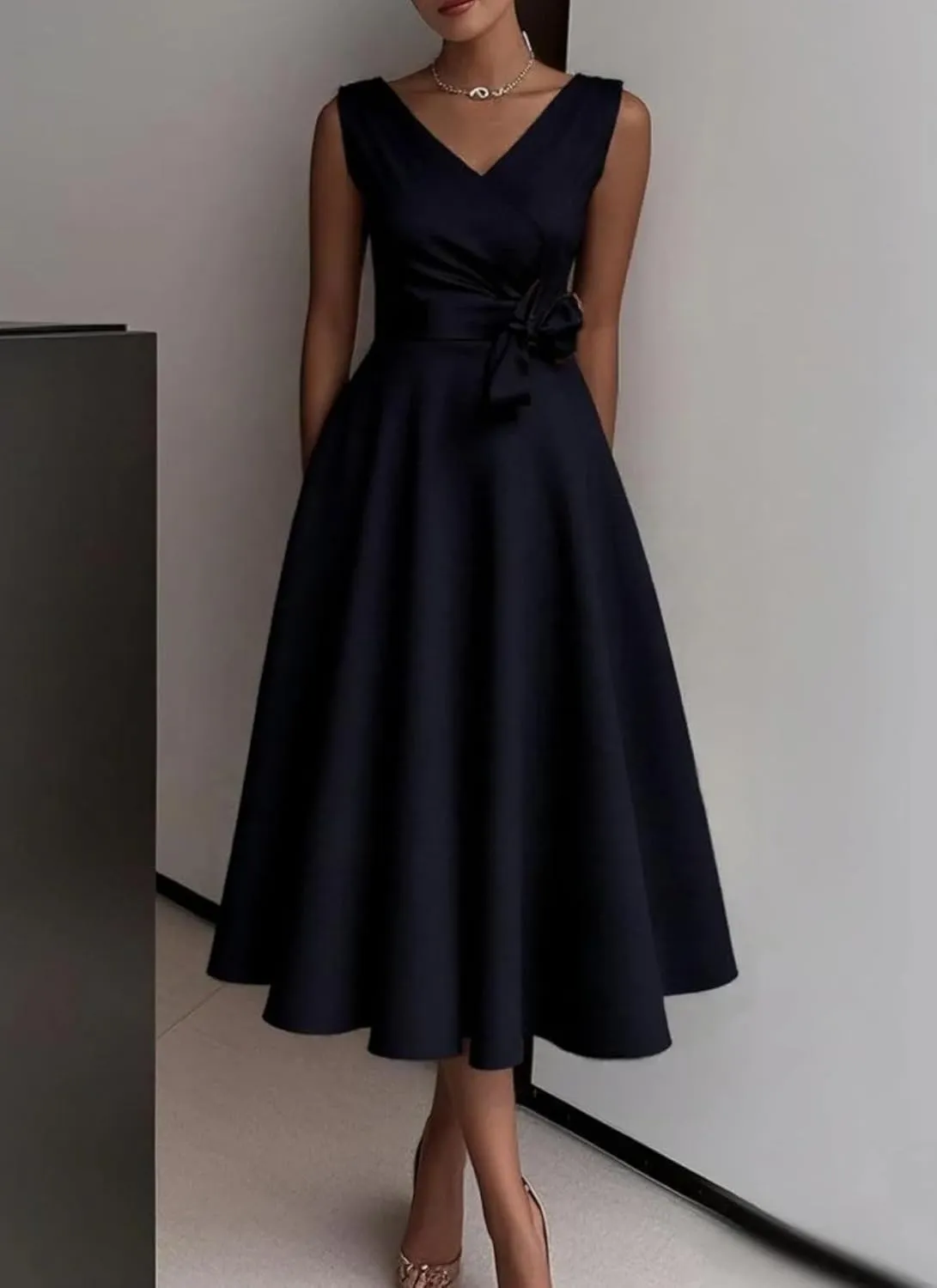 Womens Midi Dress Sleeveless V-Neck Black Solid Color Bow Side Pocket Elegant Flared Spring Autumn Party Cocktail Dress