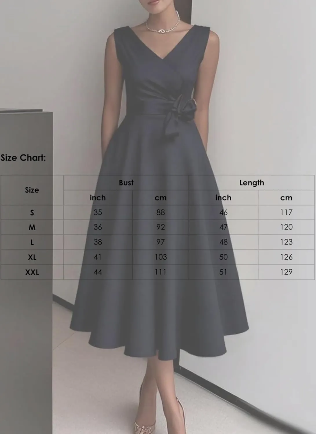 Womens Midi Dress Sleeveless V-Neck Black Solid Color Bow Side Pocket Elegant Flared Spring Autumn Party Cocktail Dress