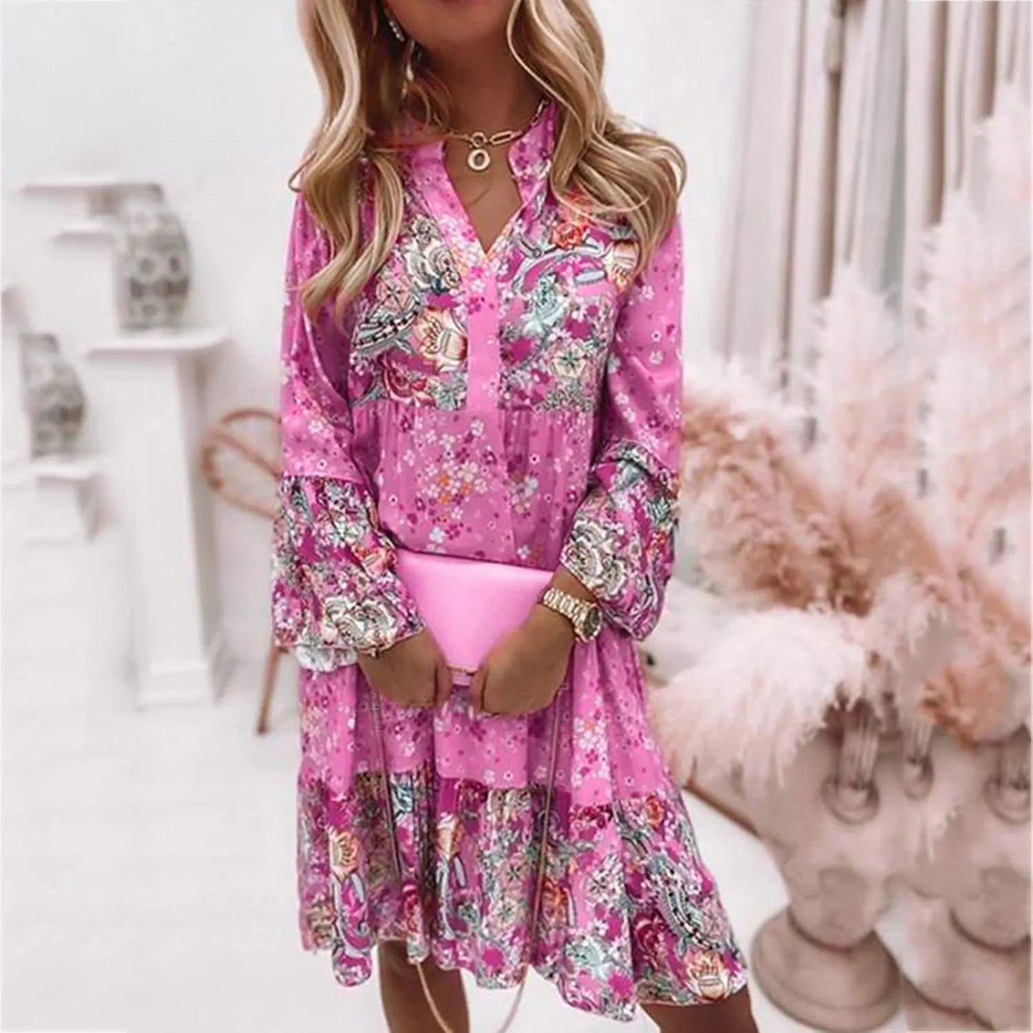 Womens Midi Floral Summer Boho Dress Sundresses for Women Long Sleeve V Neck Ruffle Flowy Tummy Hiding Dress Casual 2025