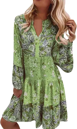 Womens Midi Floral Summer Boho Dress Sundresses for Women Long Sleeve V Neck Ruffle Flowy Tummy Hiding Dress Casual 2025
