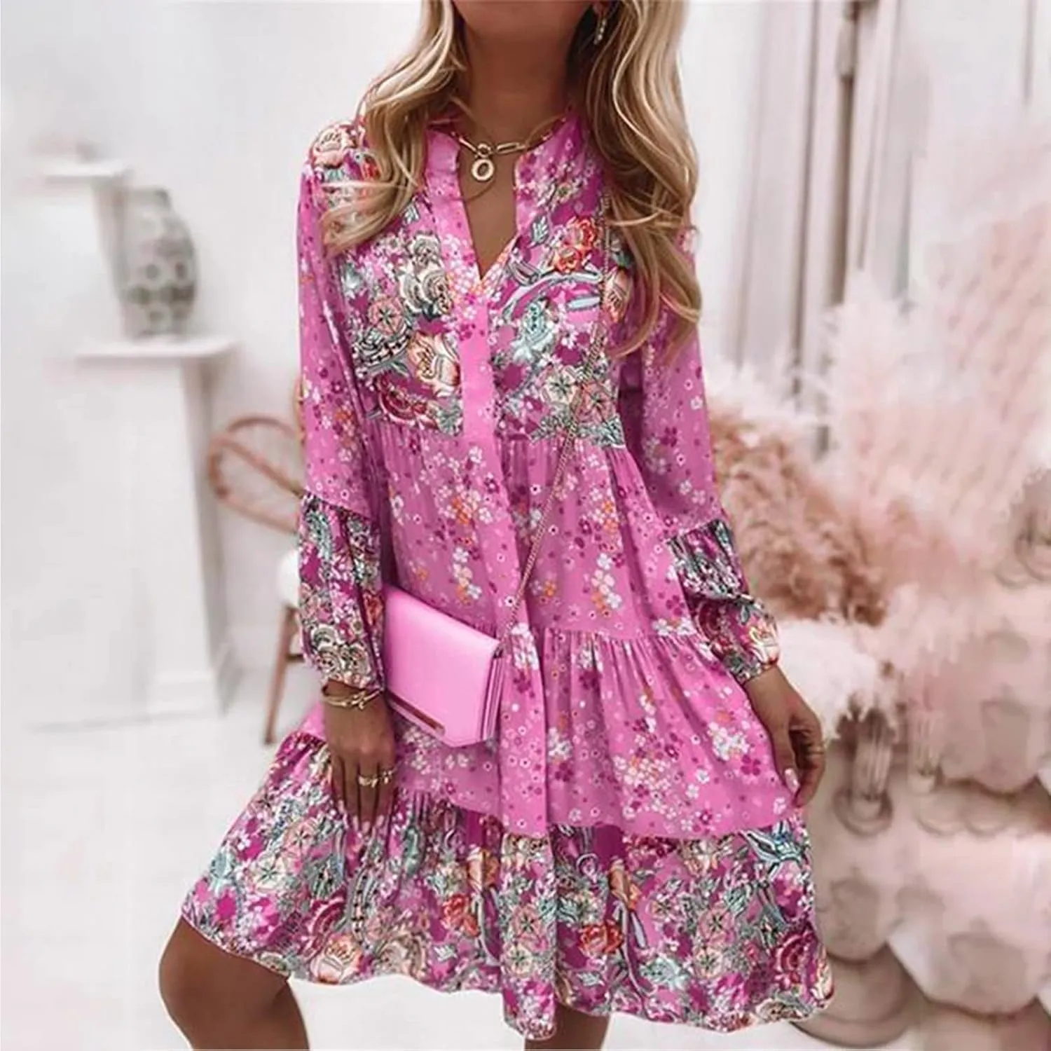 Womens Midi Floral Summer Boho Dress Sundresses for Women Long Sleeve V Neck Ruffle Flowy Tummy Hiding Dress Casual 2025