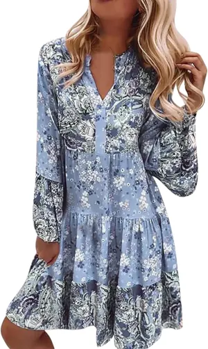 Womens Midi Floral Summer Boho Dress Sundresses for Women Long Sleeve V Neck Ruffle Flowy Tummy Hiding Dress Casual 2025