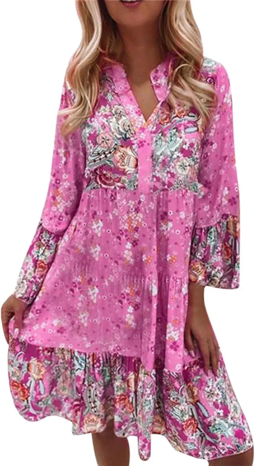 Womens Midi Floral Summer Boho Dress Sundresses for Women Long Sleeve V Neck Ruffle Flowy Tummy Hiding Dress Casual 2025