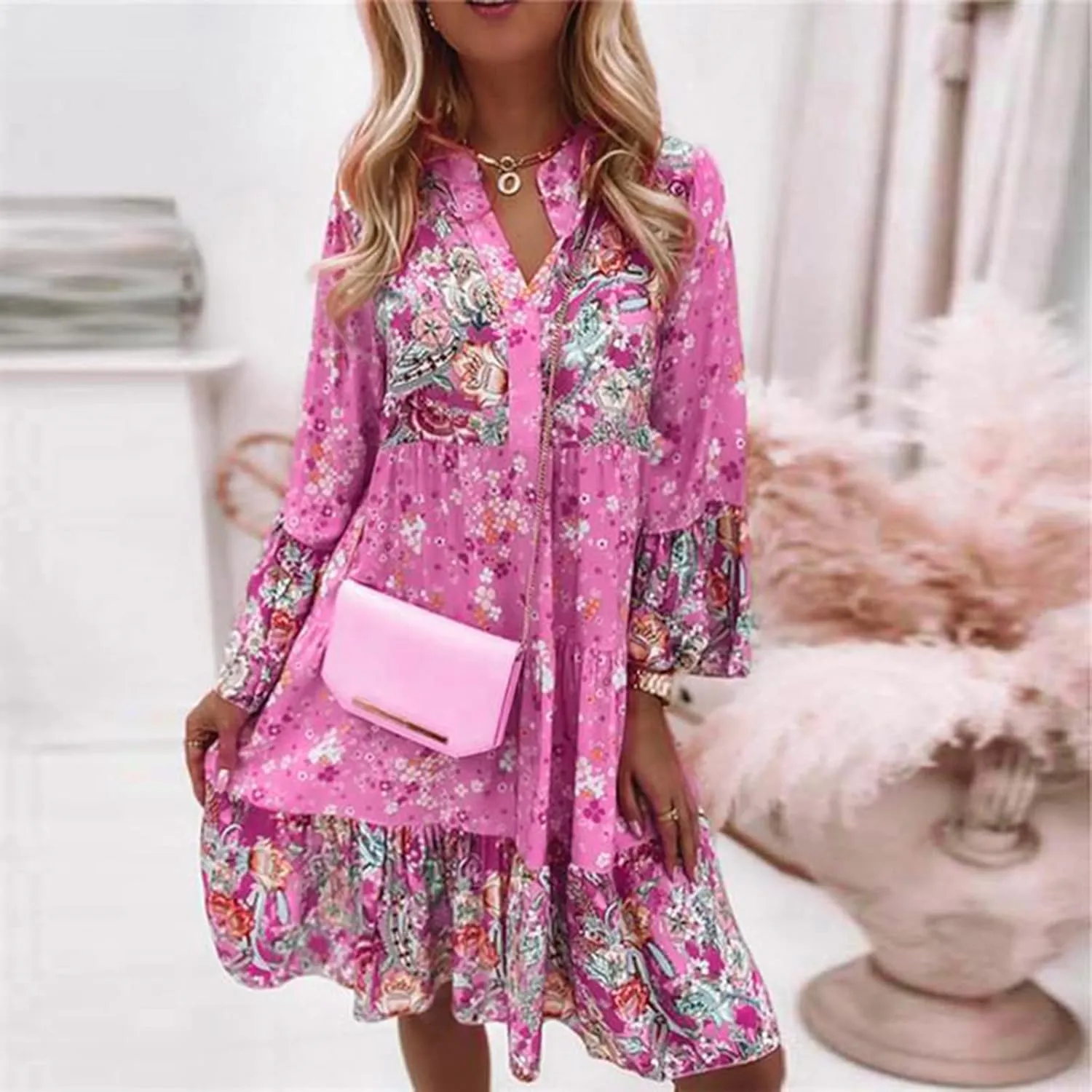 Womens Midi Floral Summer Boho Dress Sundresses for Women Long Sleeve V Neck Ruffle Flowy Tummy Hiding Dress Casual 2025