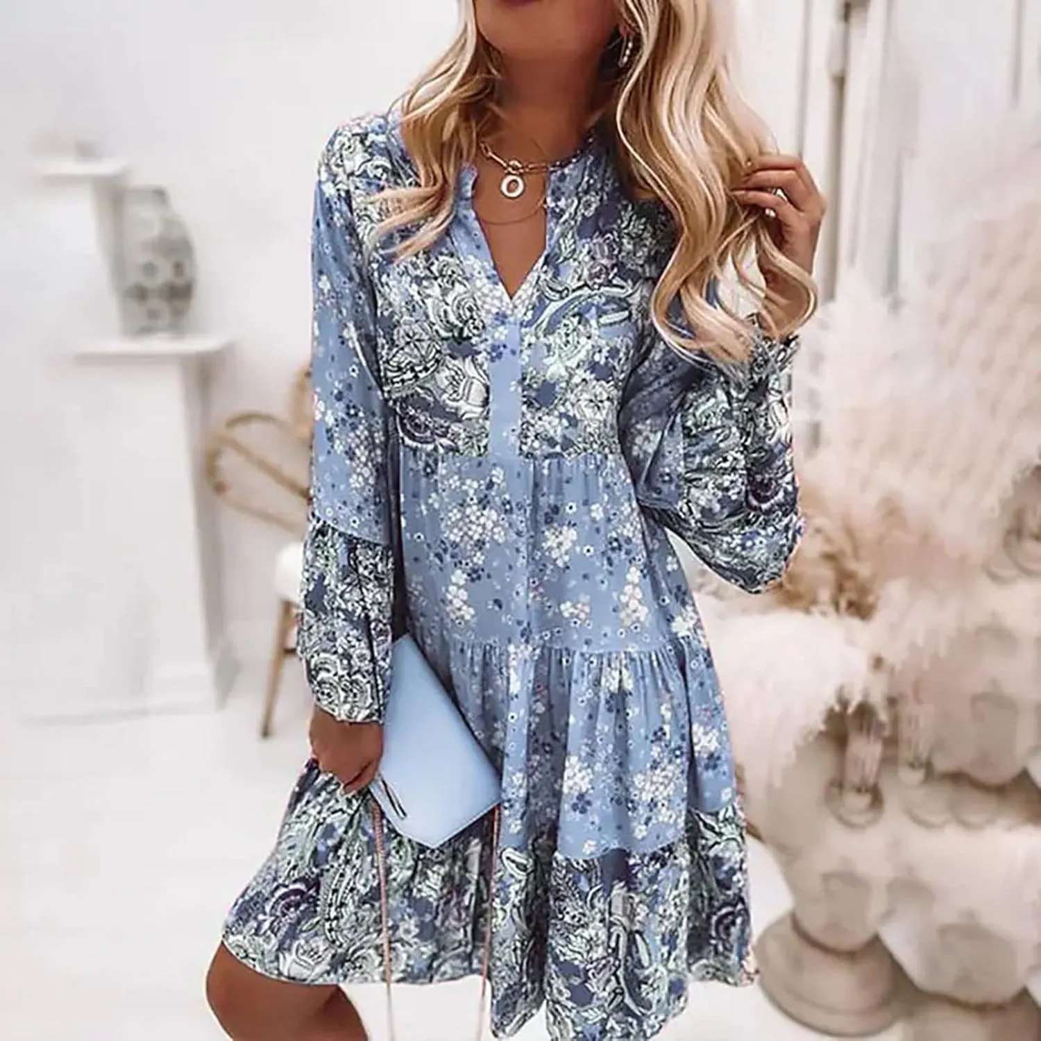 Womens Midi Floral Summer Boho Dress Sundresses for Women Long Sleeve V Neck Ruffle Flowy Tummy Hiding Dress Casual 2025
