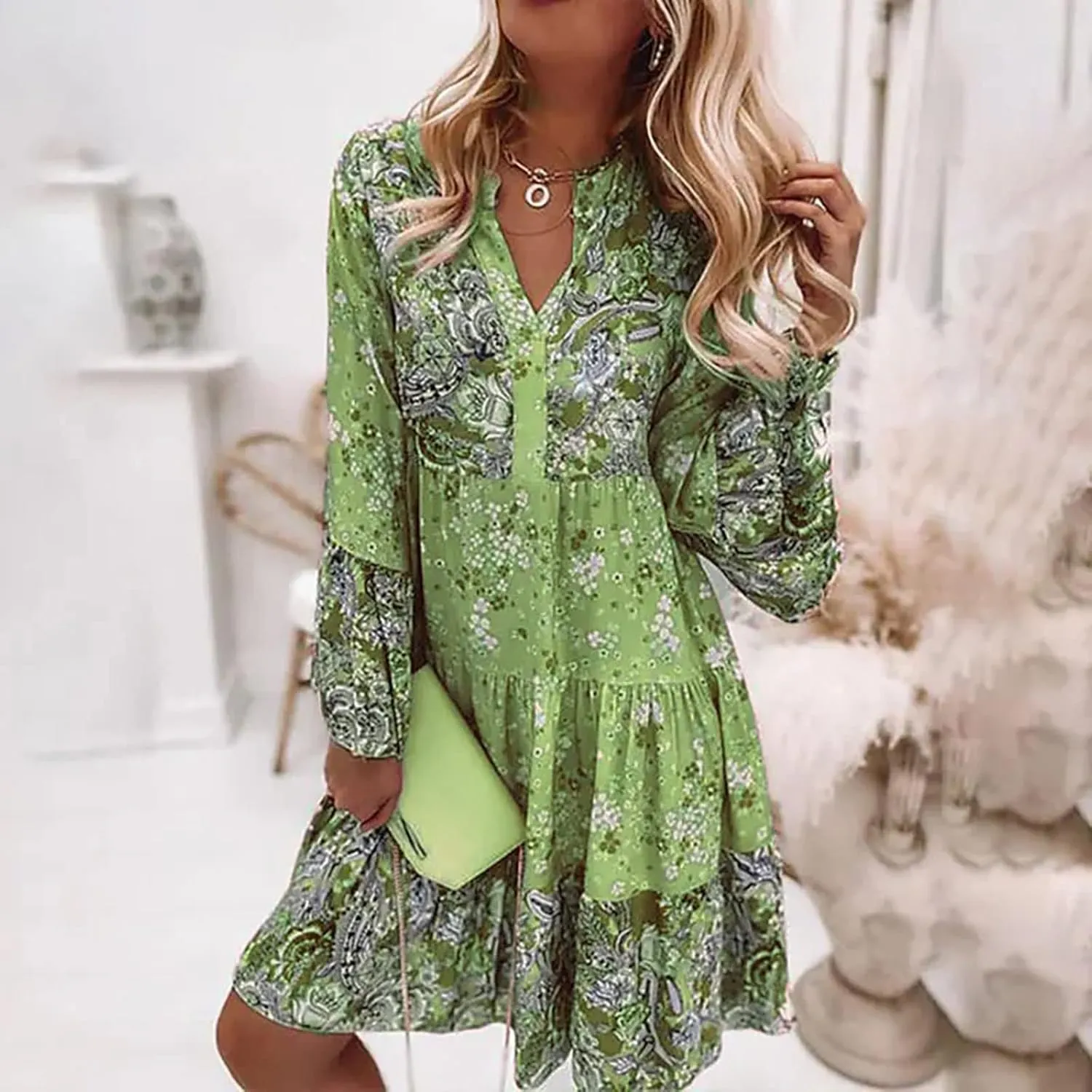 Womens Midi Floral Summer Boho Dress Sundresses for Women Long Sleeve V Neck Ruffle Flowy Tummy Hiding Dress Casual 2025