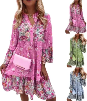 Womens Midi Floral Summer Boho Dress Sundresses for Women Long Sleeve V Neck Ruffle Flowy Tummy Hiding Dress Casual 2025
