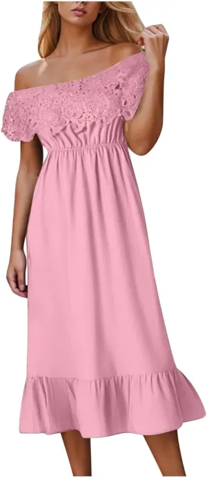 Womens Off Shoulder Dresses Boho Lace Crochet Maxi Sundress Ruffle Hem A-line Dress Trendy Dressy Preppy Sundresses