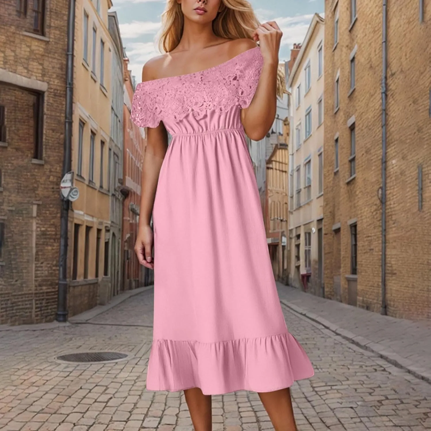 Womens Off Shoulder Dresses Boho Lace Crochet Maxi Sundress Ruffle Hem A-line Dress Trendy Dressy Preppy Sundresses