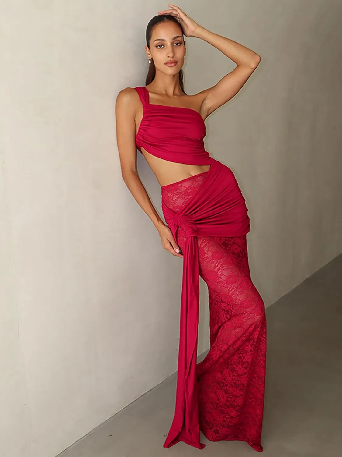 Womens One Off Shoulder Maxi Dresses Sexy Bodycon Mesh Lace Ruched Split Hollow Out Wrap Dress Cocktail Party Clubwear