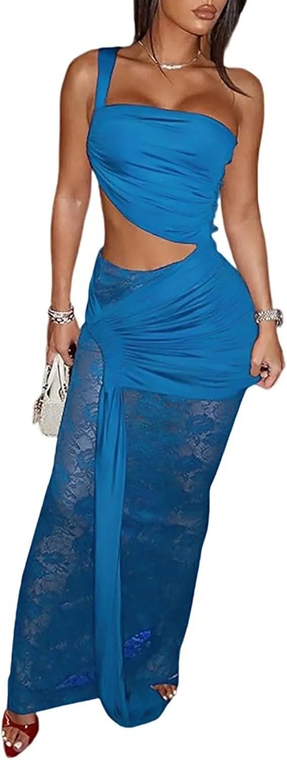Womens One Off Shoulder Maxi Dresses Sexy Bodycon Mesh Lace Ruched Split Hollow Out Wrap Dress Cocktail Party Clubwear