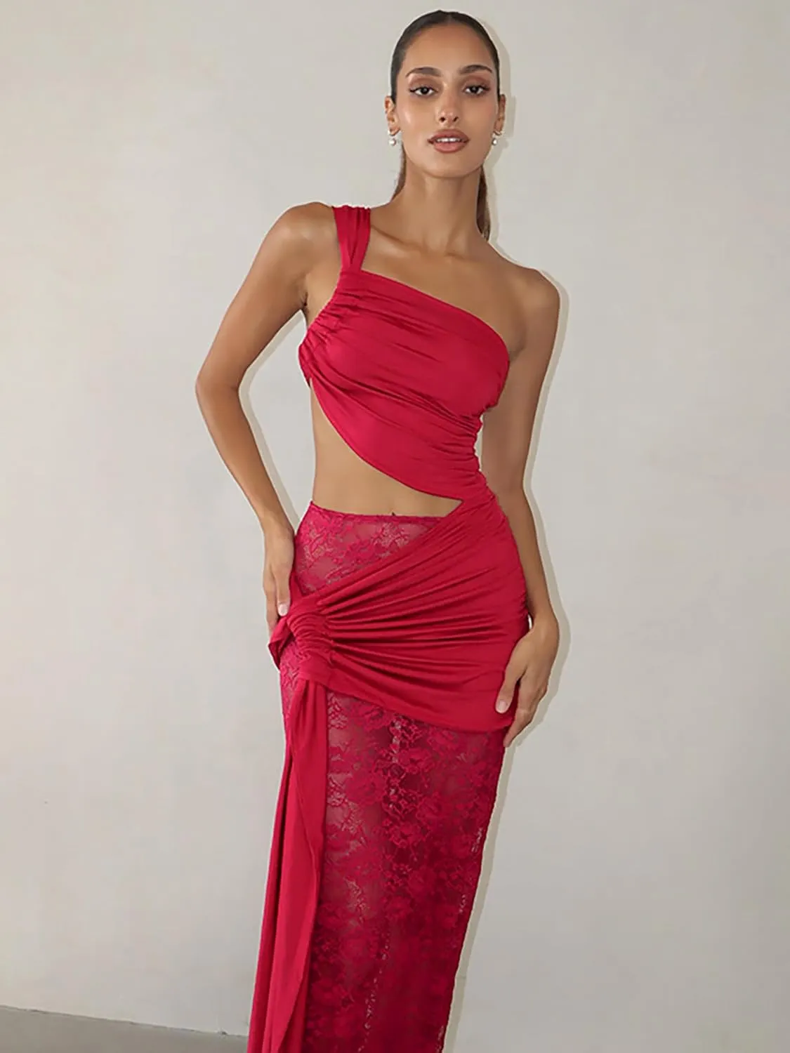 Womens One Off Shoulder Maxi Dresses Sexy Bodycon Mesh Lace Ruched Split Hollow Out Wrap Dress Cocktail Party Clubwear