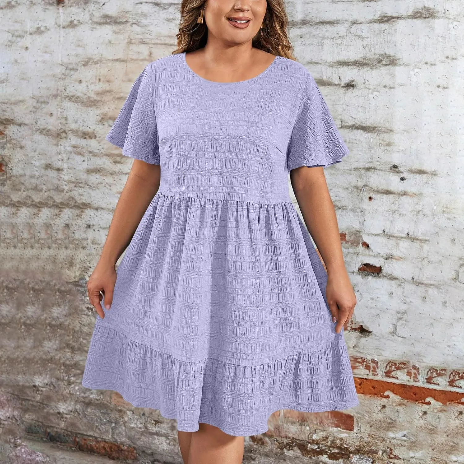 Women's Plus Size Midi Dresses for Curvy Women Summer Short Sleeve Casual Ruffle Swing A-line Flowy Dress 2025