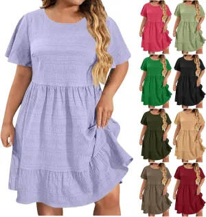 Women's Plus Size Midi Dresses for Curvy Women Summer Short Sleeve Casual Ruffle Swing A-line Flowy Dress 2025
