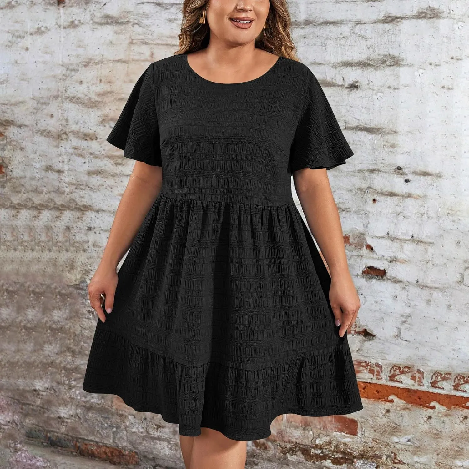 Women's Plus Size Midi Dresses for Curvy Women Summer Short Sleeve Casual Ruffle Swing A-line Flowy Dress 2025