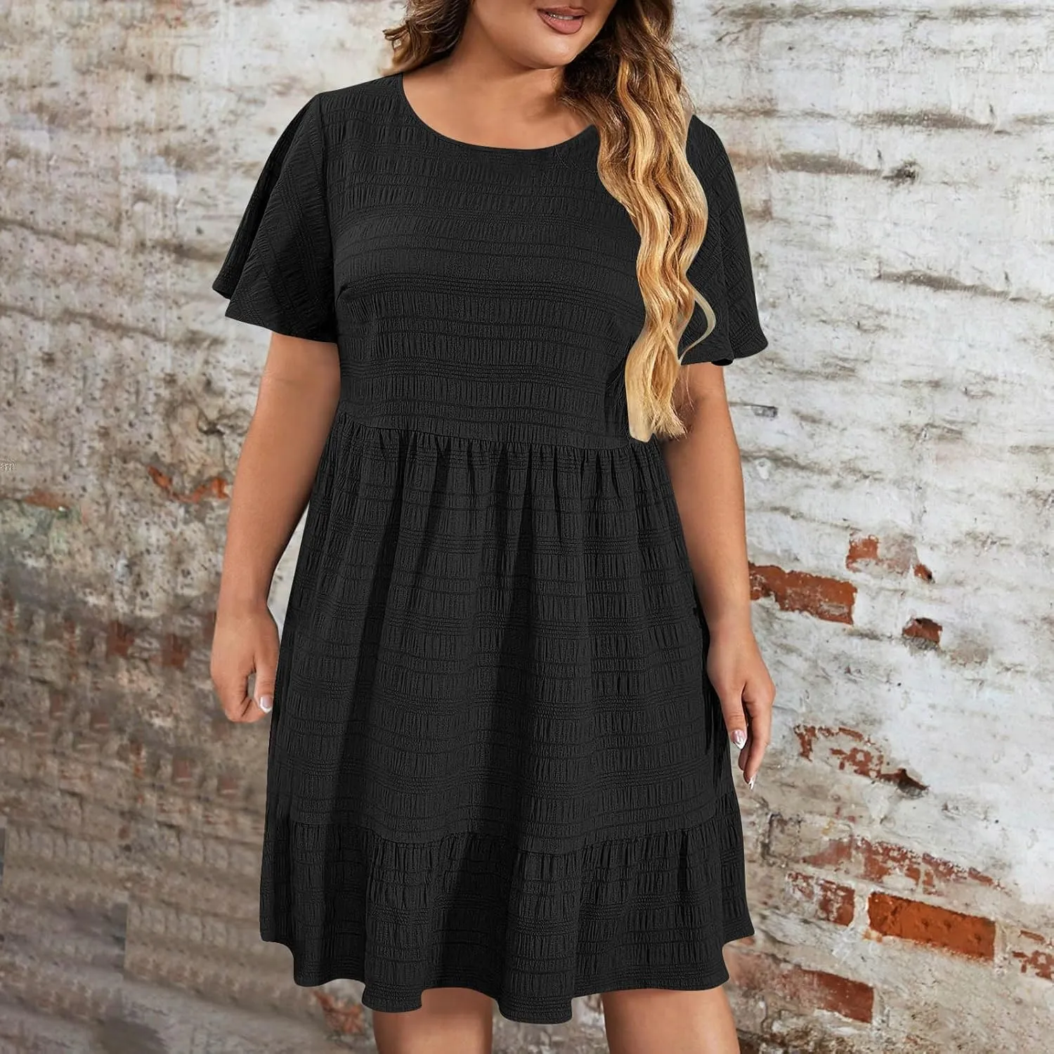 Women's Plus Size Midi Dresses for Curvy Women Summer Short Sleeve Casual Ruffle Swing A-line Flowy Dress 2025