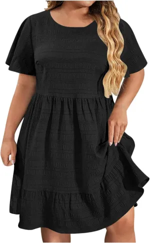 Women's Plus Size Midi Dresses for Curvy Women Summer Short Sleeve Casual Ruffle Swing A-line Flowy Dress 2025