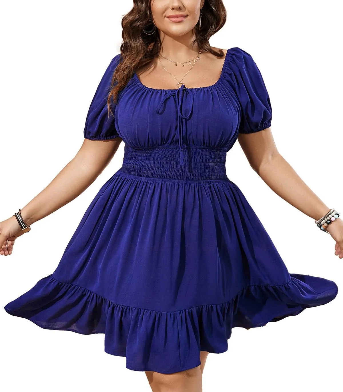 Womens Plus Size Short Lantern Sleeve Scoop Neck Mini Dress Elastic High Waist Summer Dresses Ruffle Wedding Guest Dress
