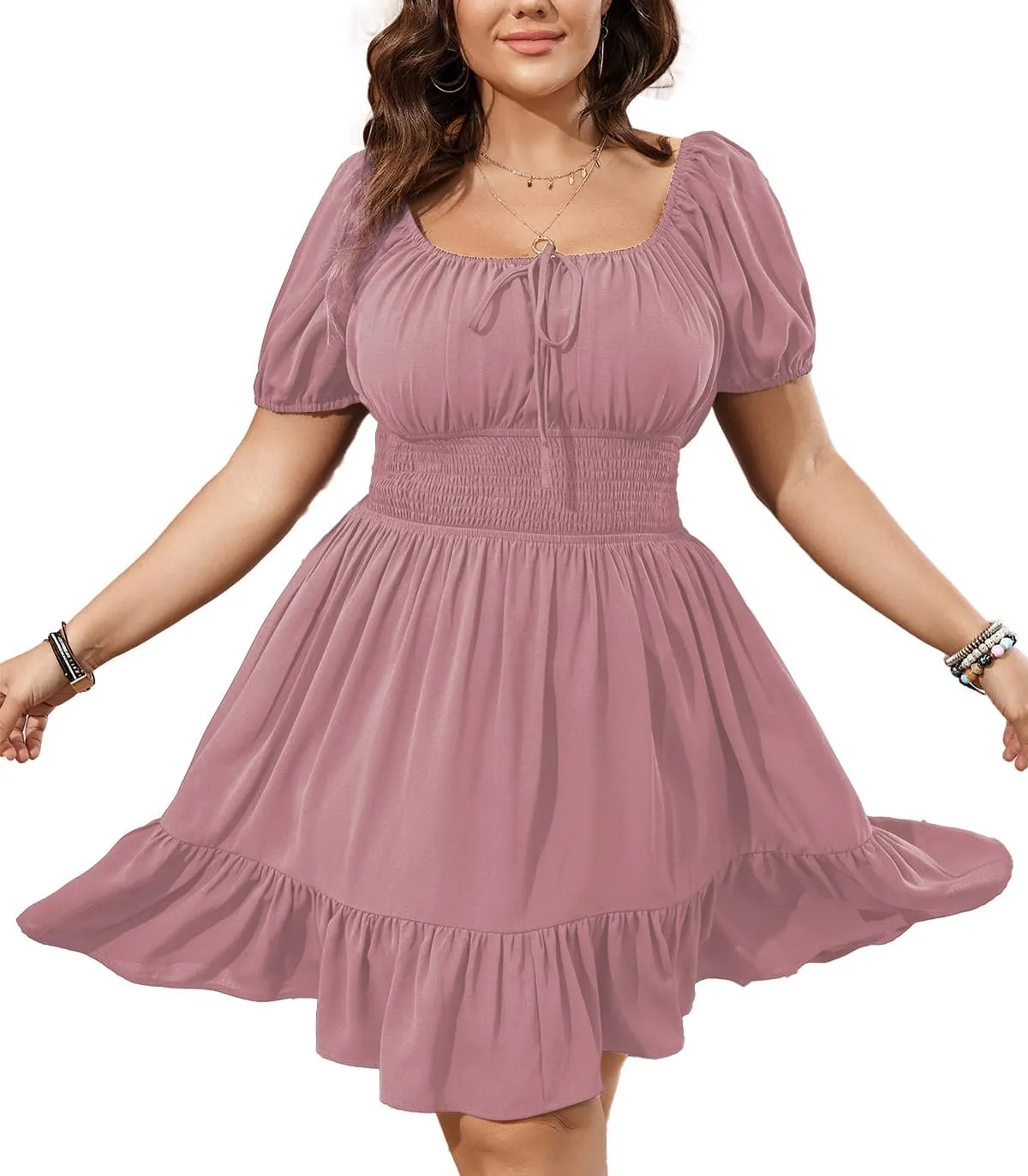 Womens Plus Size Short Lantern Sleeve Scoop Neck Mini Dress Elastic High Waist Summer Dresses Ruffle Wedding Guest Dress