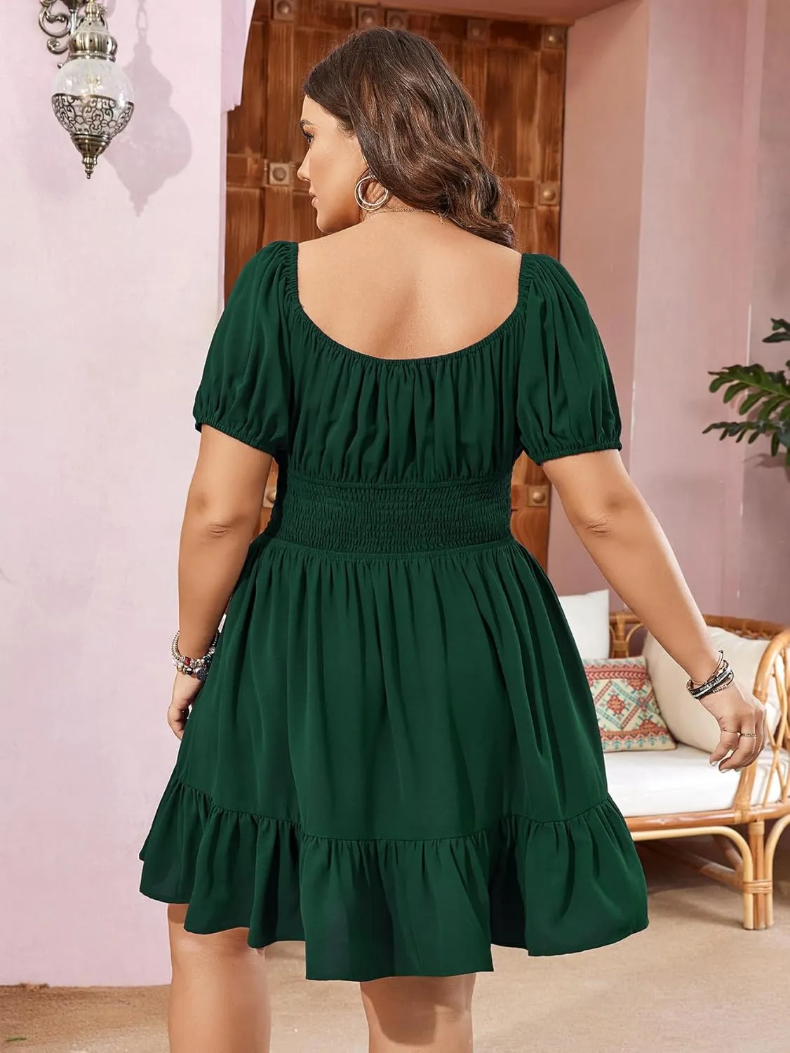 Womens Plus Size Short Lantern Sleeve Scoop Neck Mini Dress Elastic High Waist Summer Dresses Ruffle Wedding Guest Dress