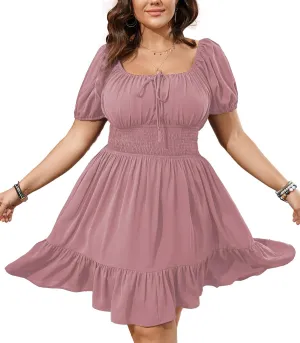 Womens Plus Size Short Lantern Sleeve Scoop Neck Mini Dress Elastic High Waist Summer Dresses Ruffle Wedding Guest Dress
