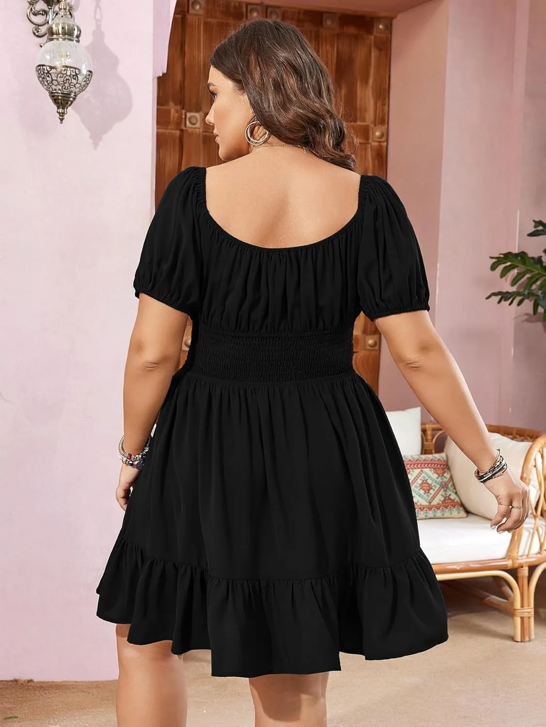 Womens Plus Size Short Lantern Sleeve Scoop Neck Mini Dress Elastic High Waist Summer Dresses Ruffle Wedding Guest Dress