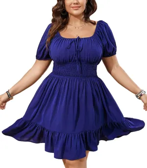 Womens Plus Size Short Lantern Sleeve Scoop Neck Mini Dress Elastic High Waist Summer Dresses Ruffle Wedding Guest Dress