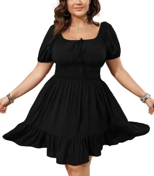 Womens Plus Size Short Lantern Sleeve Scoop Neck Mini Dress Elastic High Waist Summer Dresses Ruffle Wedding Guest Dress