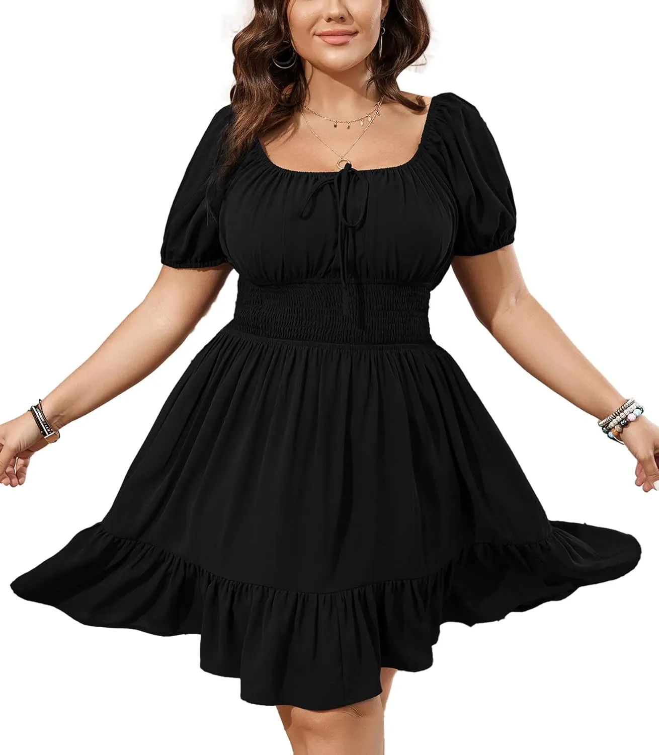 Womens Plus Size Short Lantern Sleeve Scoop Neck Mini Dress Elastic High Waist Summer Dresses Ruffle Wedding Guest Dress