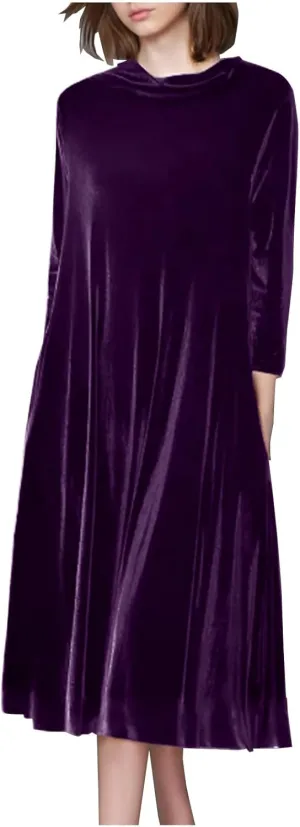 Womens Plus Size Velvet Dress Dressy Elegant Luxury Party Club Long Sleeve Round Neck Wedding Guest Midi Dresses
