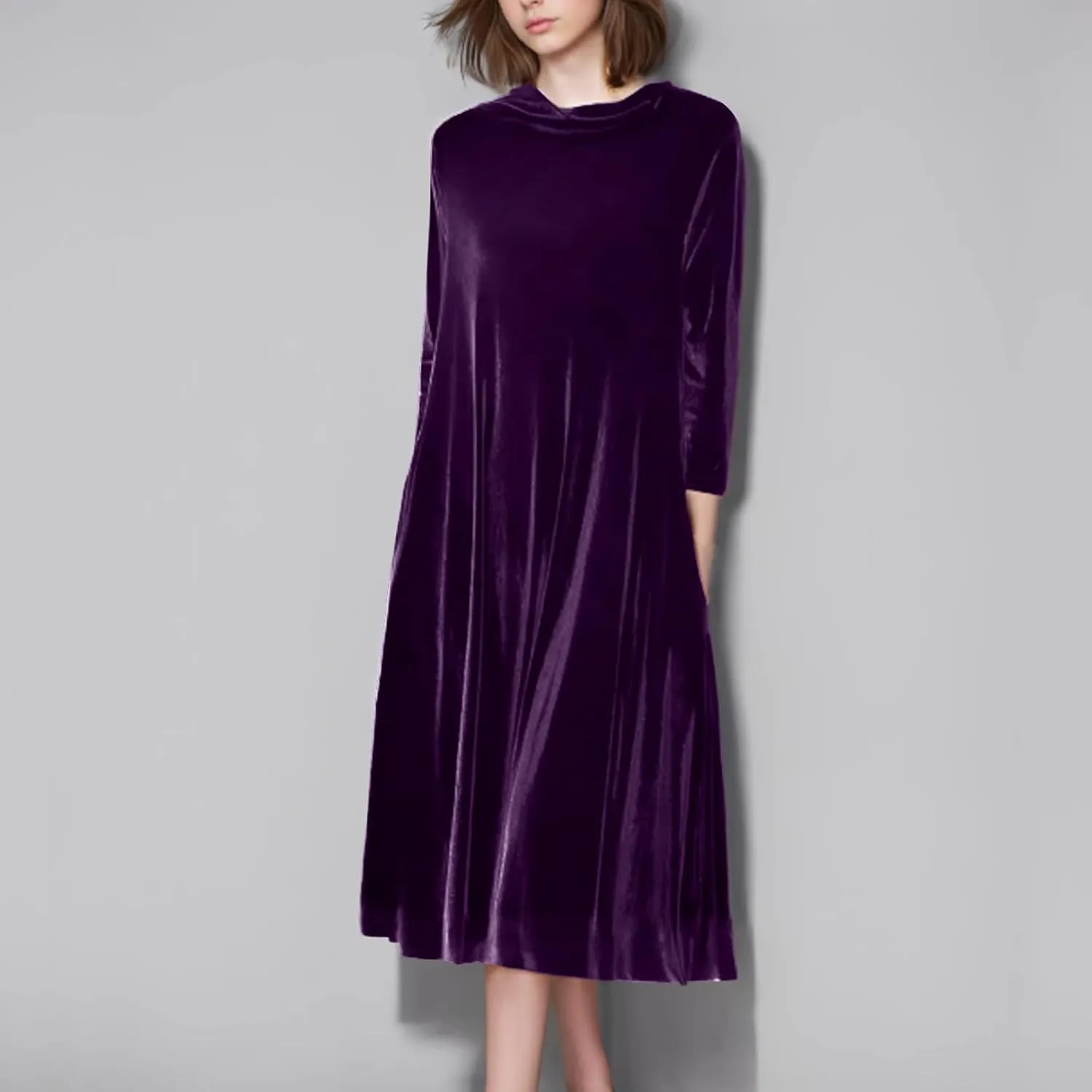 Womens Plus Size Velvet Dress Dressy Elegant Luxury Party Club Long Sleeve Round Neck Wedding Guest Midi Dresses