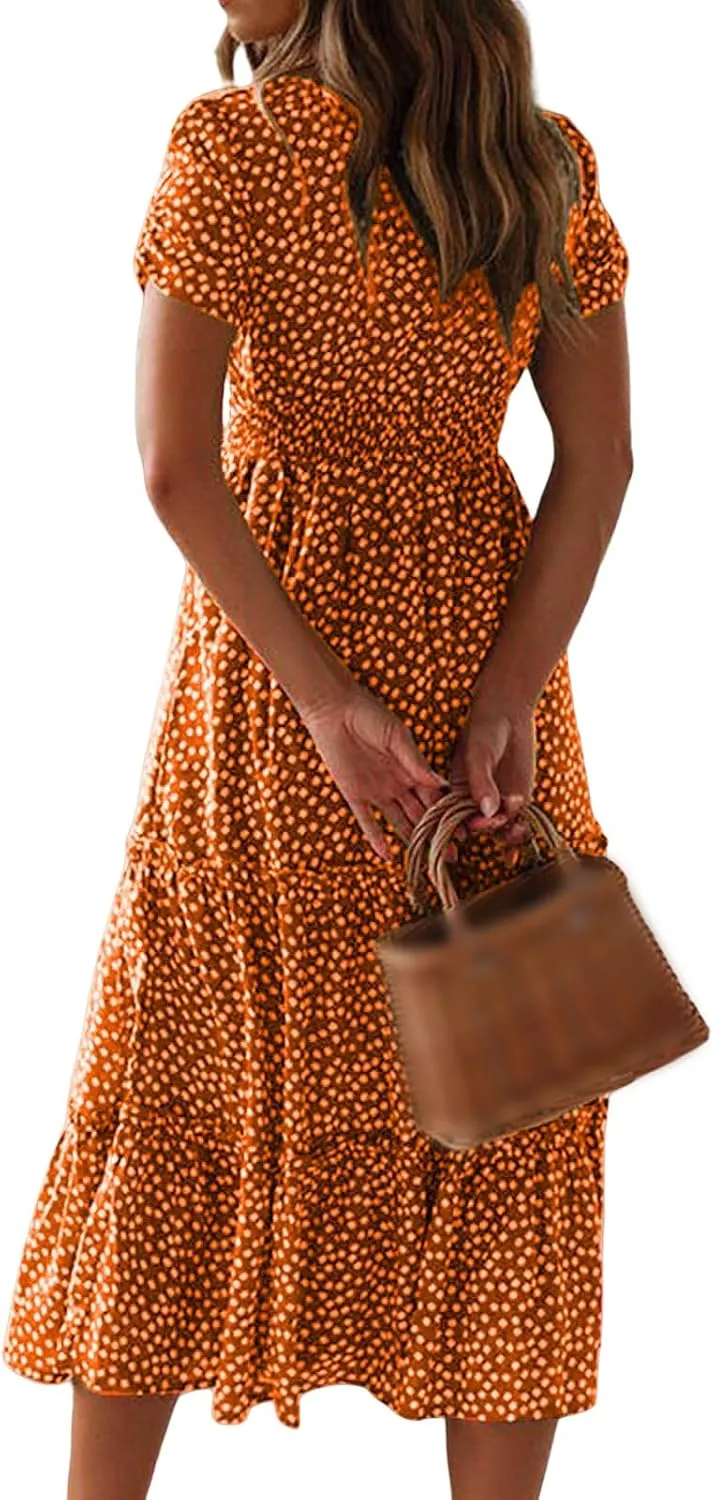 Womens Polka Dot Dress Summer Casual Square Neck High Waist Tiered Flowy Long Dresses Boho A Line Beach Dress