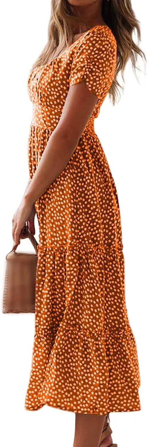 Womens Polka Dot Dress Summer Casual Square Neck High Waist Tiered Flowy Long Dresses Boho A Line Beach Dress