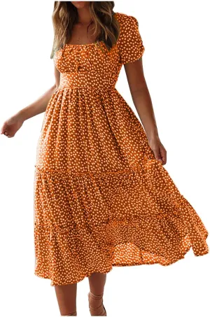 Womens Polka Dot Dress Summer Casual Square Neck High Waist Tiered Flowy Long Dresses Boho A Line Beach Dress