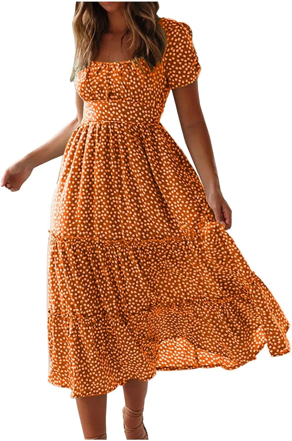 Womens Polka Dot Dress Summer Casual Square Neck High Waist Tiered Flowy Long Dresses Boho A Line Beach Dress