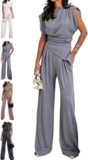 Women's Round Neck Pleated Sleeveless Casual Suit,Summer Vest Wide Leg Pantsuit with Pocket,Vest Suit 2 Piece Outfits