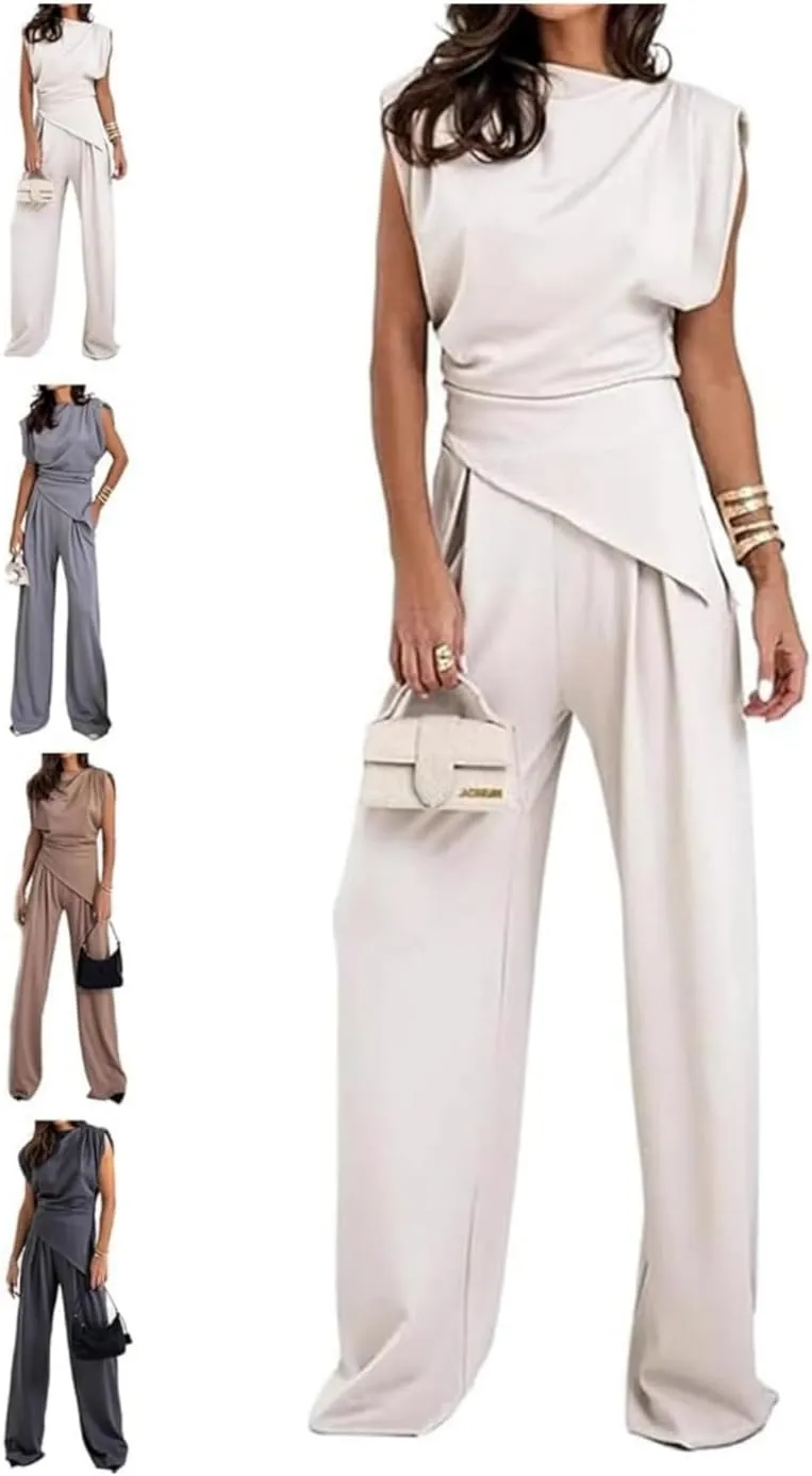 Women's Round Neck Pleated Sleeveless Casual Suit,Summer Vest Wide Leg Pantsuit with Pocket,Vest Suit 2 Piece Outfits