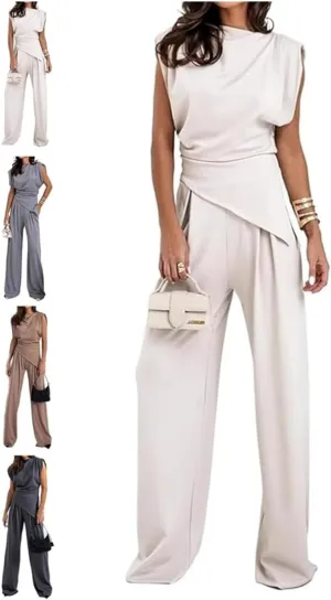 Women's Round Neck Pleated Sleeveless Casual Suit,Summer Vest Wide Leg Pantsuit with Pocket,Vest Suit 2 Piece Outfits