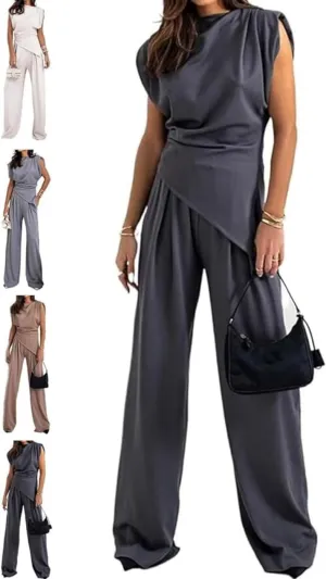 Women's Round Neck Pleated Sleeveless Casual Suit,Summer Vest Wide Leg Pantsuit with Pocket,Vest Suit 2 Piece Outfits