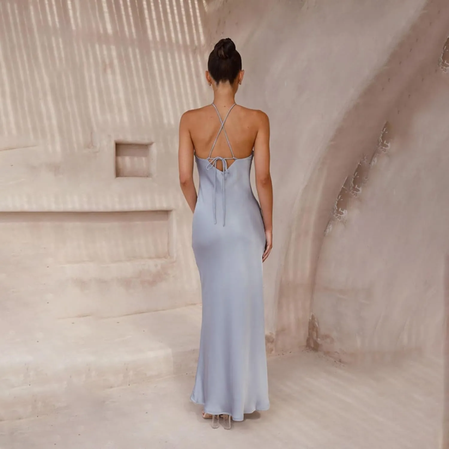 Women's Satin Bodycon Maxi Dress Elegant Formal Spaghetti Strap Backless Cocktail Dresses Wedding Guest