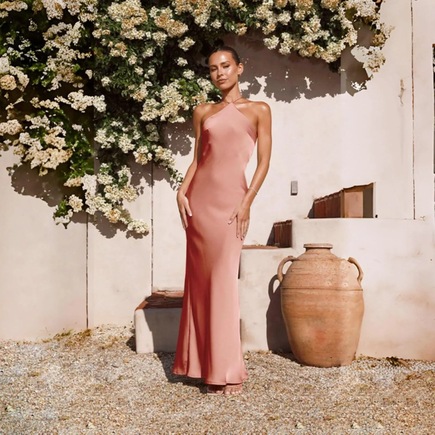 Women's Satin Bodycon Maxi Dress Elegant Formal Spaghetti Strap Backless Cocktail Dresses Wedding Guest