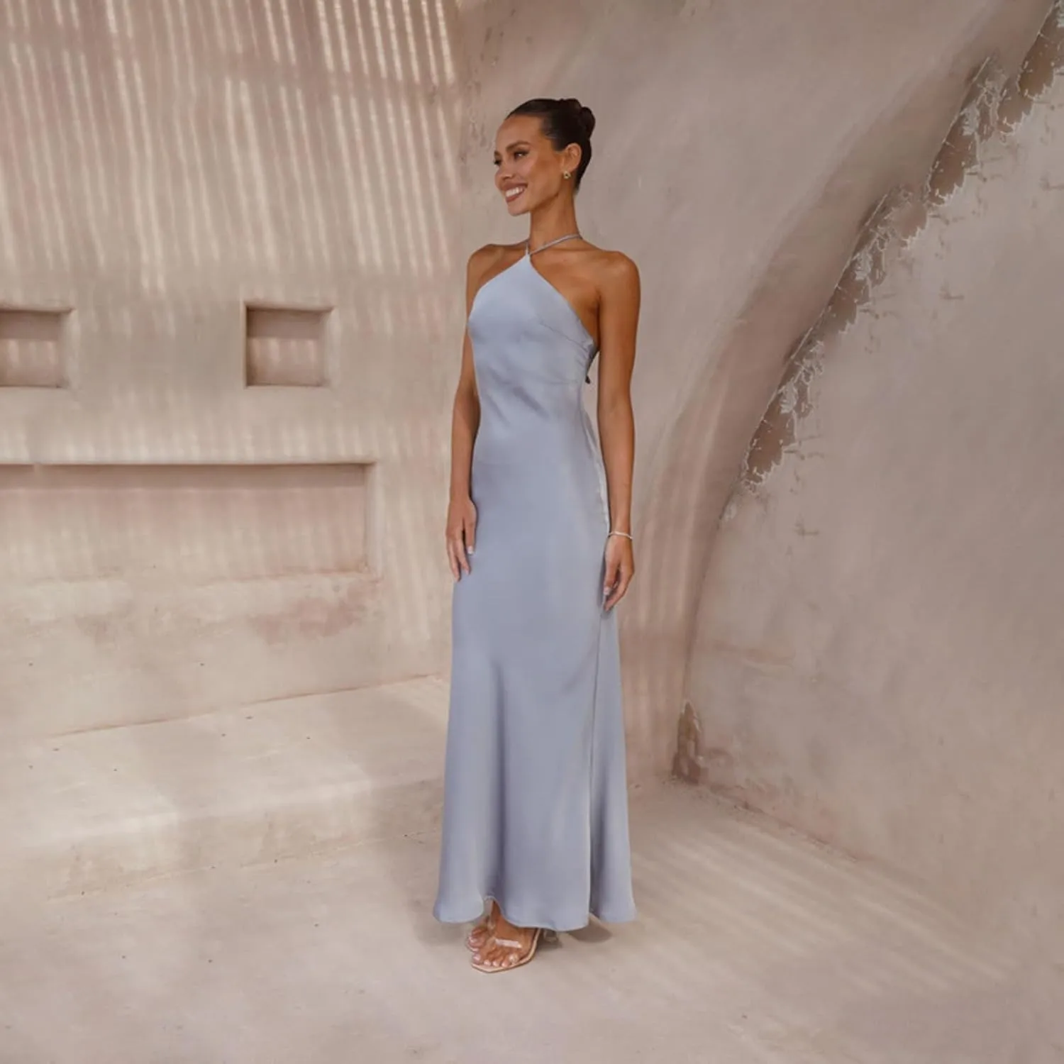 Women's Satin Bodycon Maxi Dress Elegant Formal Spaghetti Strap Backless Cocktail Dresses Wedding Guest