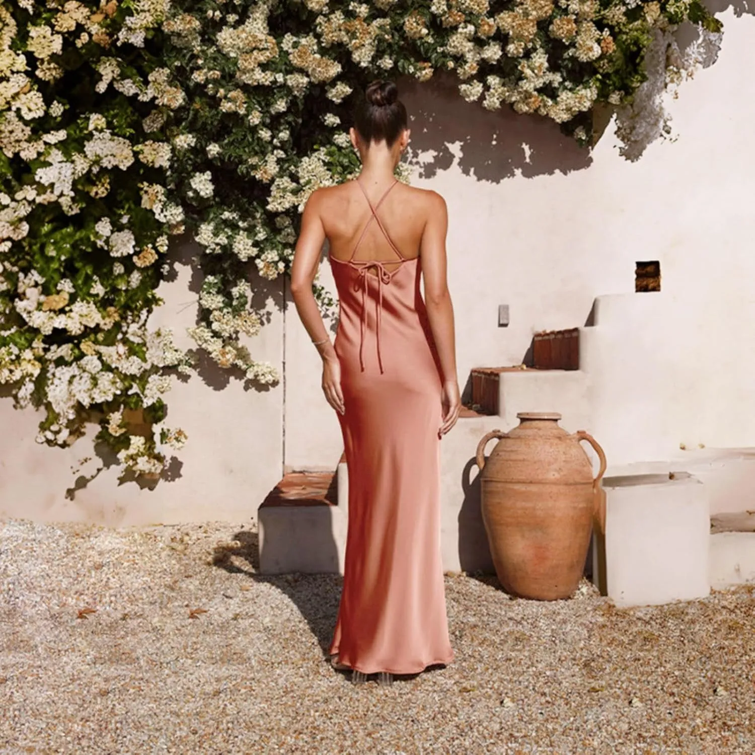 Women's Satin Bodycon Maxi Dress Elegant Formal Spaghetti Strap Backless Cocktail Dresses Wedding Guest